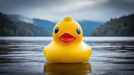 Yellow rubber duck floats on a lake.