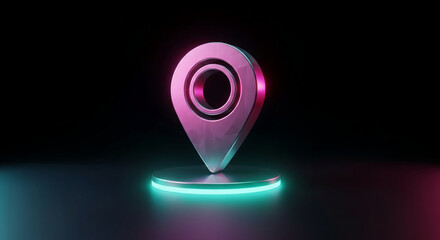 Metallic pink location pin on pedestal with neon light, dark background, showcasing digital marker, navigation, or GPS concept