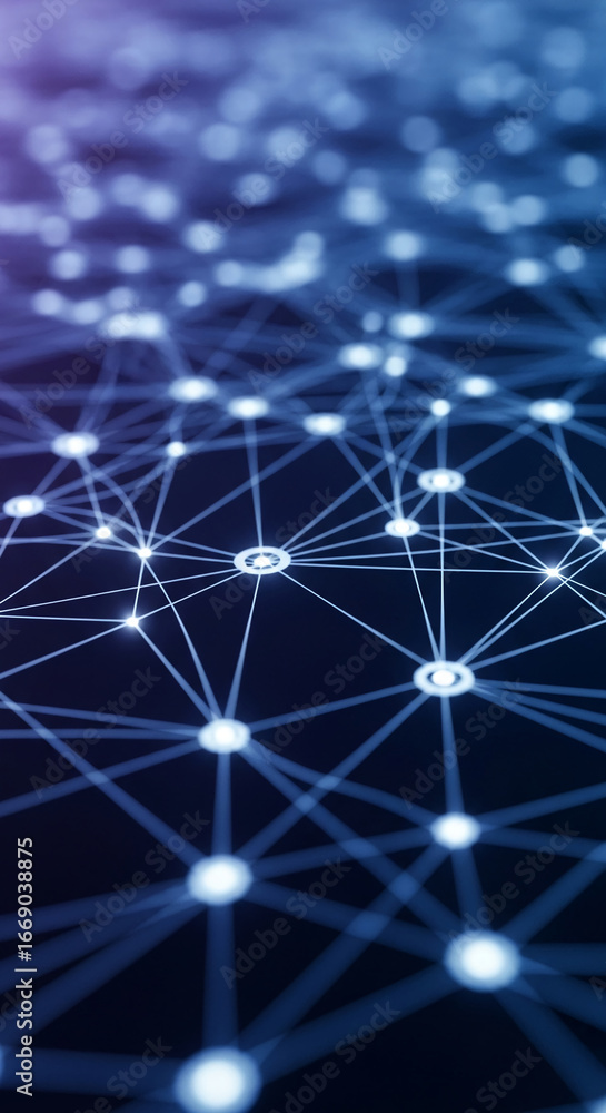Poster abstract image of interconnected glowing nodes and lines, blue and purple tones, representing networ