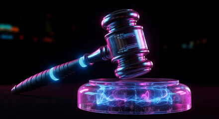 Metallic gavel on glowing base, neon light accents, dark background, symbolizes digital justice, futuristic law, technology, and legal concept