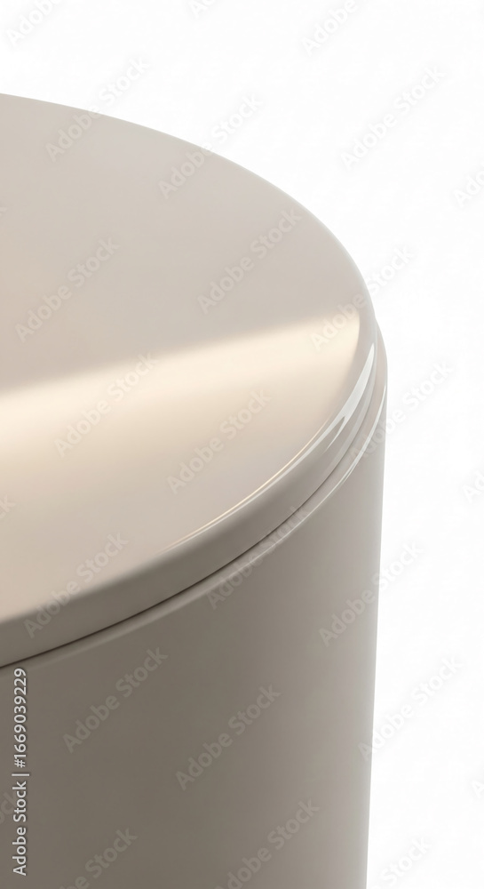 Poster close-up of beige cylindrical container with smooth lid, showcasing clean design and minimal aesthet