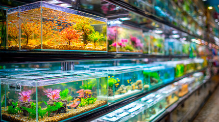 Rows of illuminated aquariums filled with colorful fish and decorations create a vibrant display.