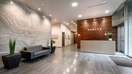 Elegant lobby featuring stone walls, tiled floors, a reception desk, and seating area.