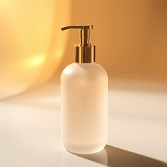 Frosted glass soap dispenser with gold pump.