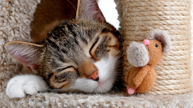 Peaceful tabby cat sleeps soundly with toy mouse inside a cozy cat tree, serene and content.