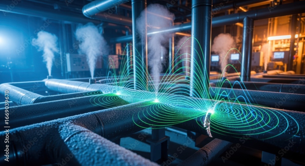 Poster visualization of ultrasonic acoustic signals revealing leak locations on cryogenic hydrogen pipeline