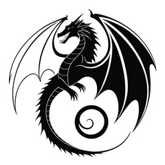 Dragon curling around spiral valley silhouette
