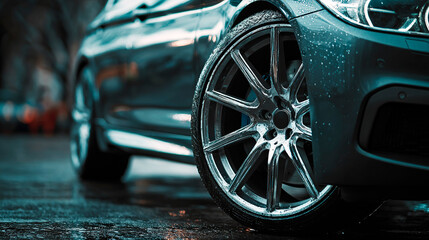 Sleek car detail shows a shiny wheel and reflective surface, rain droplets on dark blue paint.