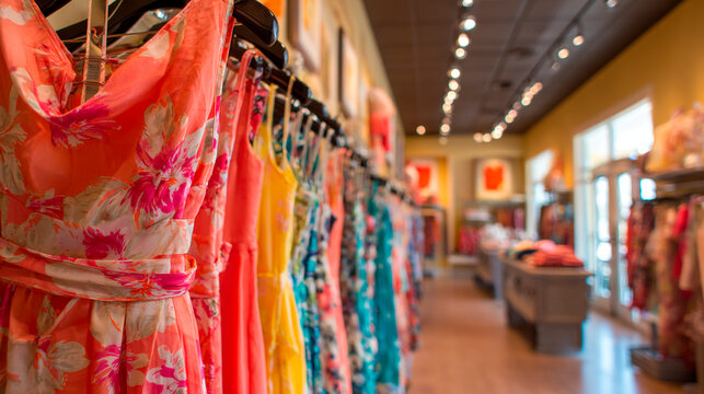 Display of colorful dresses with floral prints, hanging on a rack in a retail store setting.