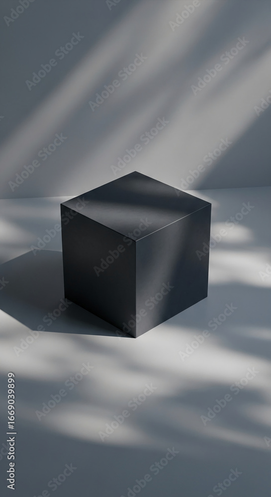 Aufkleber dark gray cube on light gray surface, illuminated by soft light creating shadows, showcasing a minim