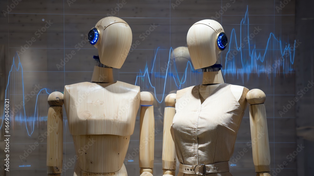 Poster wooden robots with digital interface in modern setting