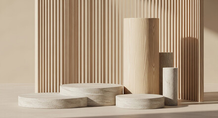 Minimalist scene with stone and wood podiums against a slatted wood backdrop, showcasing product display, mockup or presentation space, ideal for branding or advertising