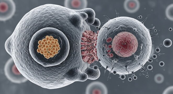 Detailed 3D microscopic visualization of a cytotoxic T-cell initiating apoptosis in a cancerous tumor cell on a gray background