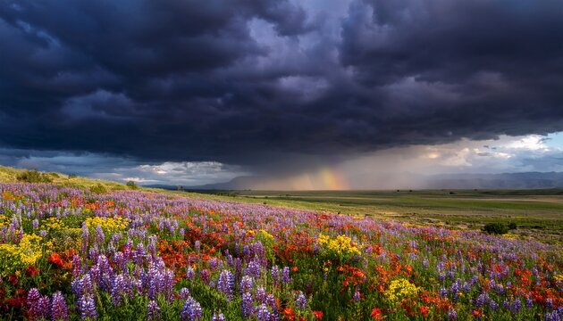 dark storm clouds rolling over a vibrant field of wildflowers