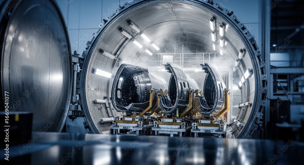 Poster large scale aerospace autoclave with opened door revealing composite fuselage structures undergoing 
