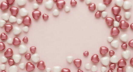Pink and white heart shapes scattered on a pink background, forming a frame with central free space, ideal for Valentine's Day or romantic design