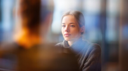 Therapist and client engaged in a reflective dialogue medium frame with focused faces and blurred surroundings creating a safe confidential environment.