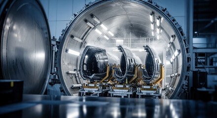 Large scale aerospace autoclave with opened door revealing composite fuselage structures undergoing thermal processing.