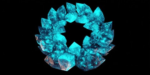 A vibrant, teal-hued crystalline ring encircles a dark void, showcasing intricate facets and glowing textures.