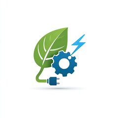 Fototapeta premium Green leaf, gear, plug, and lightning bolt illustrate sustainable energy, eco-friendly technology, and efficient power generation