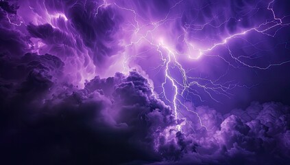 A dramatic nightscape showcasing a vibrant purple lightning storm.  Intricate forks of lightning illuminate dark, swirling clouds, creating a powerful and awe-inspiring scene