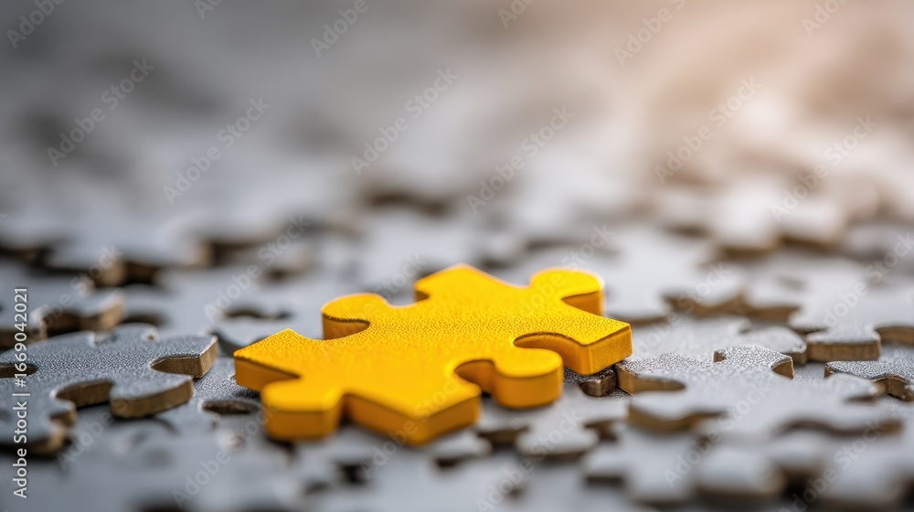 Poster medium shot of a single bright puzzle piece in sharp focus on a scattered outoffocus background symb