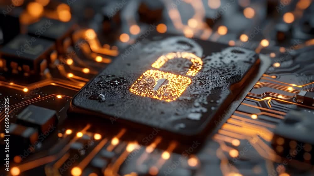 Poster dynamic digital security: unlocked padlock on glowing circuit board with data flow