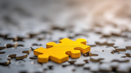 Medium shot of a single bright puzzle piece in sharp focus on a scattered outoffocus background symbolizing unique innovation disrupting the status quo.