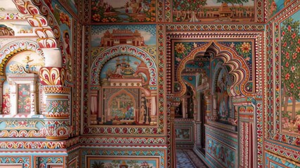 Vibrant Indian murals and intricate architecture in a historic palace corridor during daylight hours