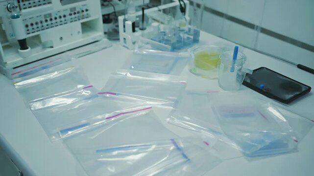 Array of empty transparent specimen bags laid out on a sterile laboratory countertop for scientific research and sample collection