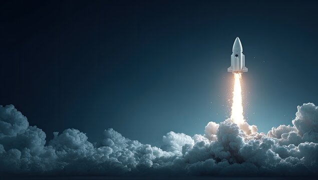 A white spaceship ascends through dark clouds, its fiery engine trail illuminating the night sky, symbolizing ambition, progress and exploration