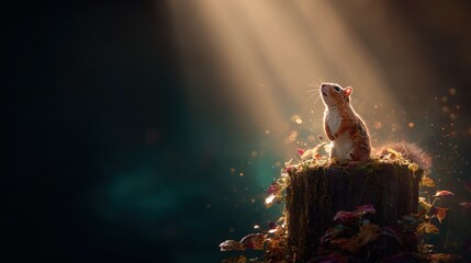 A squirrel sits on a mossy stump, gazing upwards into radiant sunbeams in a forest