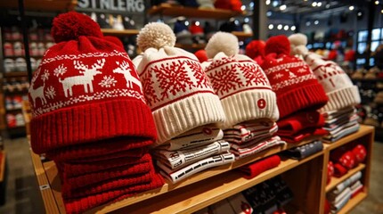 Red knitted winter hats with reindeer and snowflake patterns displayed on shelves in a holiday retail store - Powered by Adobe