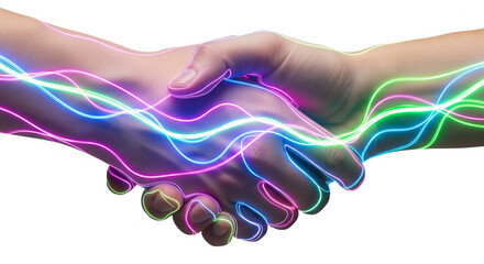 Handshake in futuristic style with holographic projections, neon energy lines, and cybernetic hands on clean white background for business, AI, and technology design concept