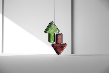 Upward and downward arrows represent growth and decline in financial markets, business, or economics