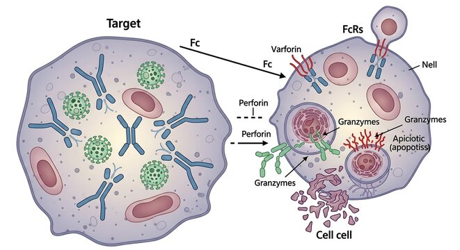 The mechanism of immune system cytotoxicity where antibodies trigger a natural killer cell to induce apoptosis in a target cell