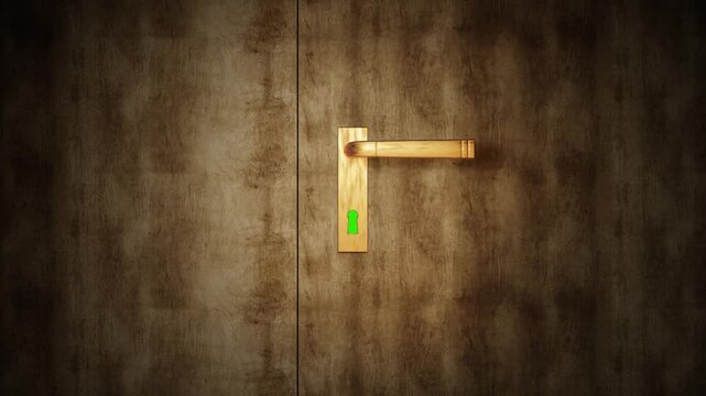 Door with a keyhole and handle. The camera flies through the keyhole and and reveals the green screen - video transition