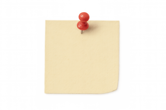 Yellow sticky note pinned by red pushpin, blank surface ready for writing personal messages or workplace reminders against clean transparent background