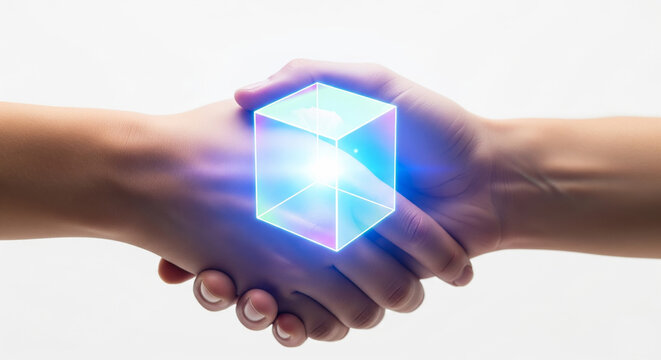 Handshake in futuristic style with holographic projections, neon energy lines, and cybernetic hands on clean white background for business, AI, and technology design concept