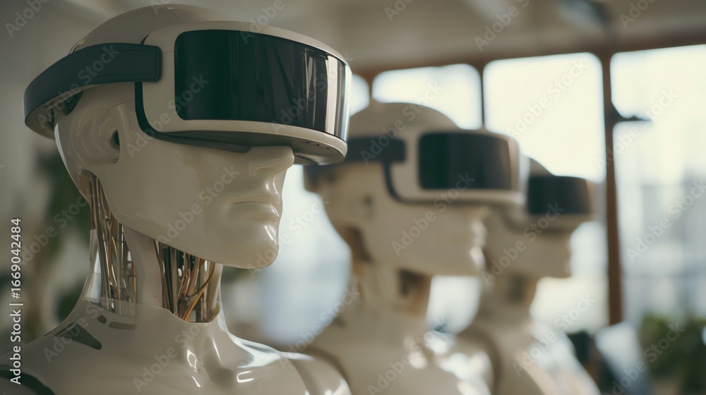 Poster robots wearing virtual reality headsets in a modern setting