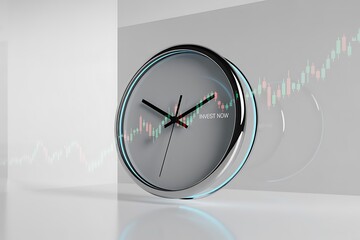 Modern clock with investment chart showing growth and the words Invest Now for business success