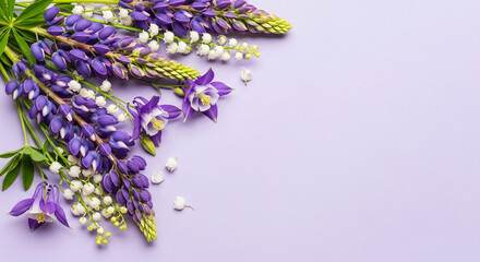 Purple lupine, columbine, and lily of the valley flowers arranged on lavender background, creating a delicate floral border with ample free space, ideal for spring or wedding themes