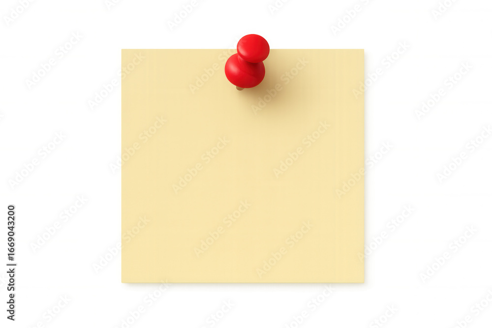 Poster blank yellow sticky note is attached with red push pin on transparent background, creating space for