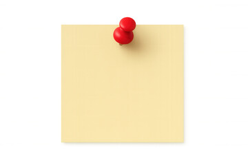 Blank yellow sticky note is attached with red push pin on transparent background, creating space for customized messages and reminders