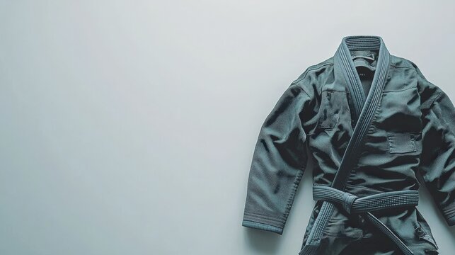 A martial arts gi, highlighting its details and texture on a plain background.