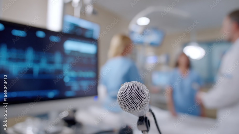 Poster close interaction between medical staff and voice interface device in exam room sharp focus on devic