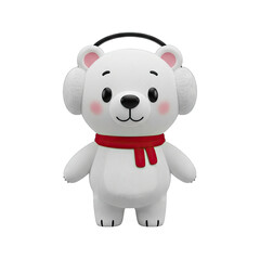 A cheerful polar bear toy stands out with its white fur, red scarf, and winter-themed earmuffs.