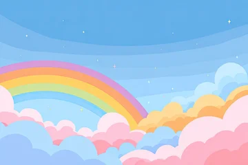 Fotobehang Regenboog A pastel rainbow arches over fluffy, colorful clouds against a light blue sky sprinkled with tiny stars, creating a dreamy, whimsical scene  © EKAN KUDAH