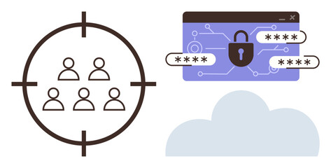 Team in crosshairs symbolizing targeted protection, secured padlock in data interface, and cloud computing. Ideal for digital safety, analytics, teamwork, technology, privacy, data protection