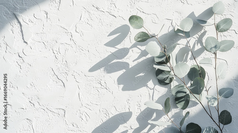 Poster eucalyptus leaves against a textured white wall with shadows creating a serene minimalist compositio